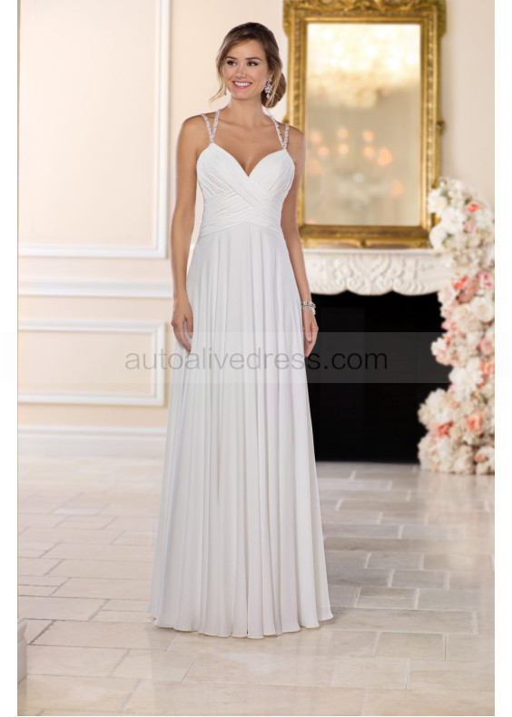 Beaded Straps Ivory Pleated Chiffon Backless Wedding Dress